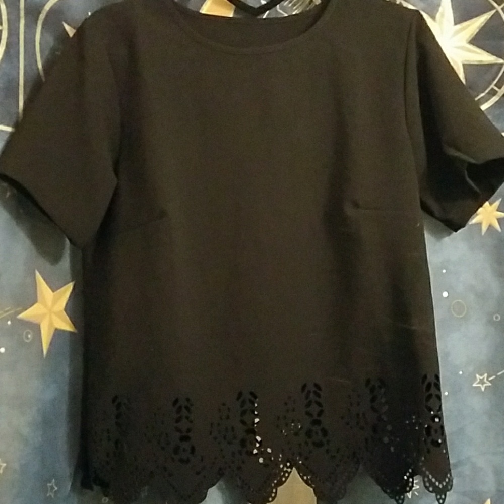 black shirt with eyelet trim